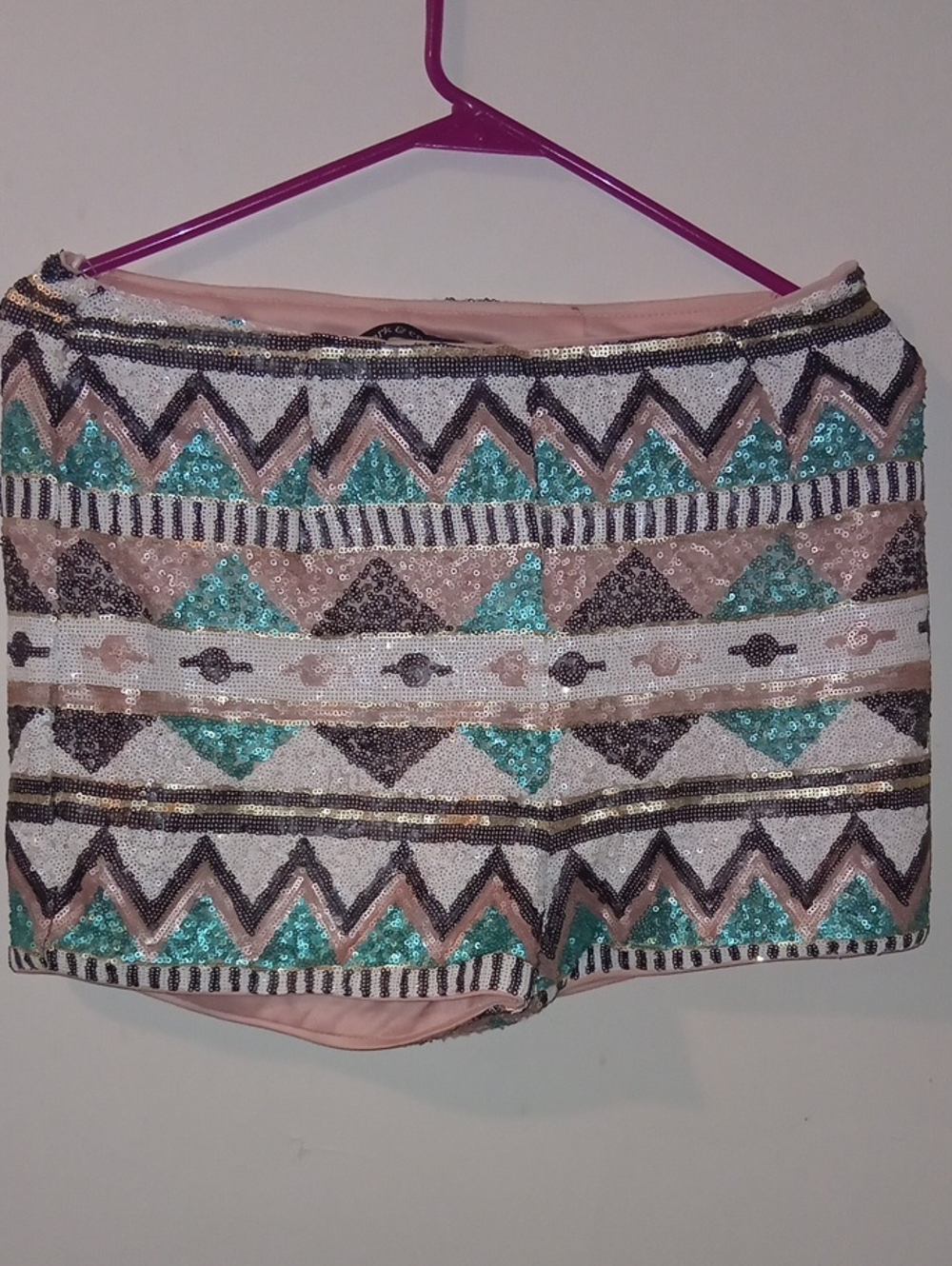 Ark & Co Embellished Sequin Patterned Mini Shorts - Pink & Teal